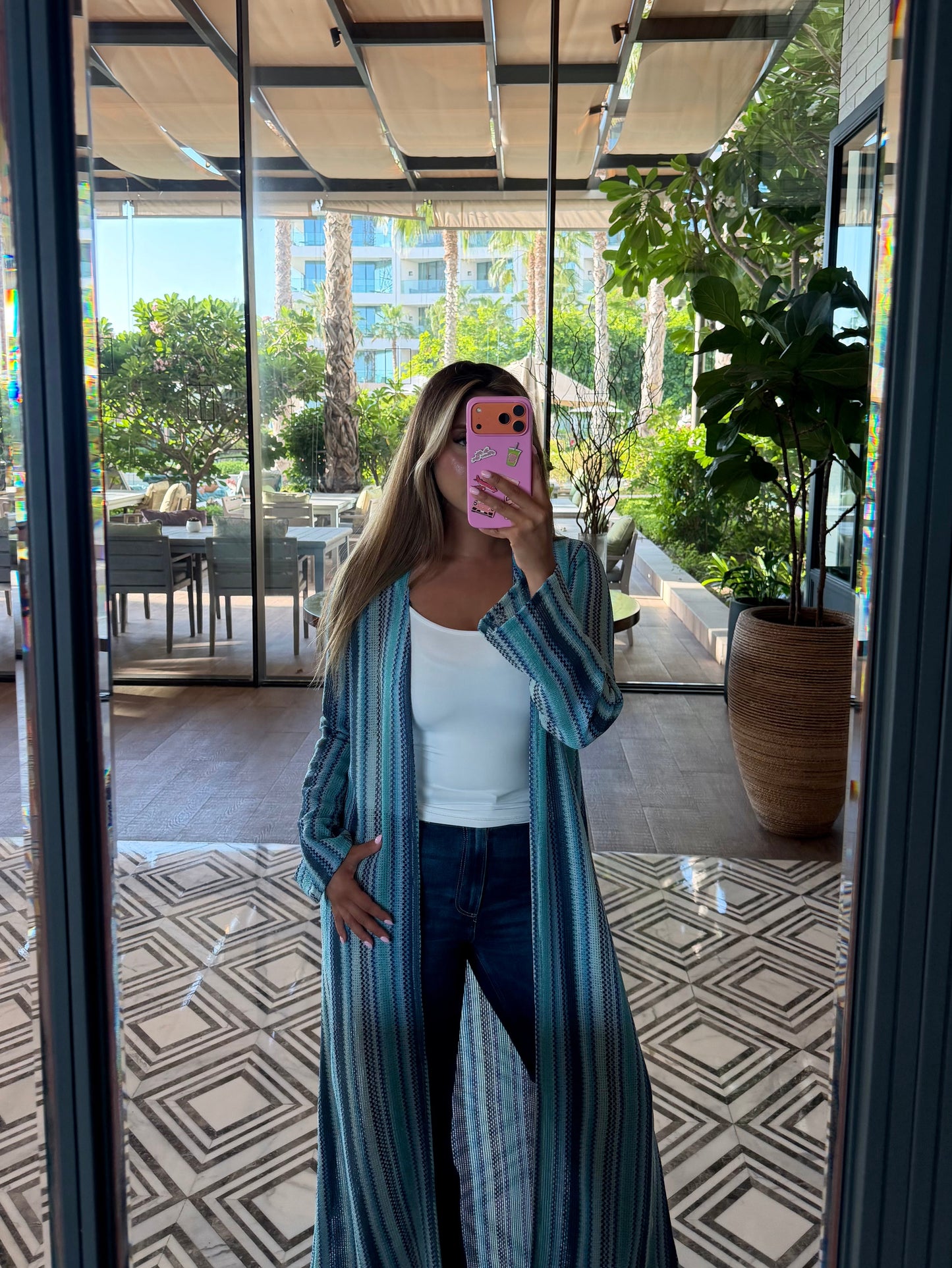 Jersey blue zig zag long cardigan