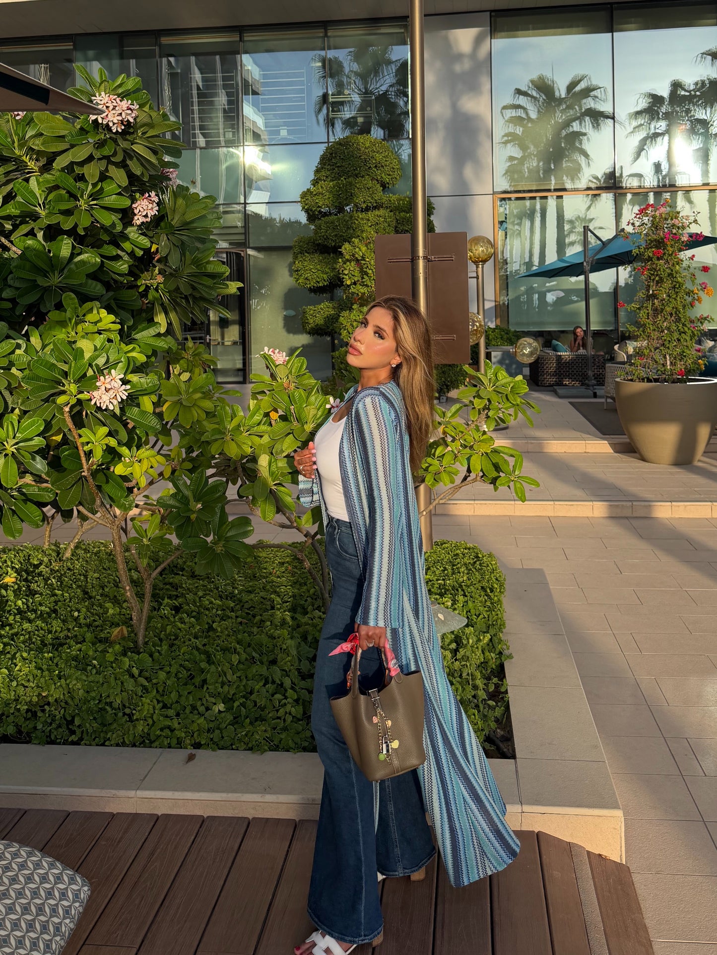 Jersey blue zig zag long cardigan